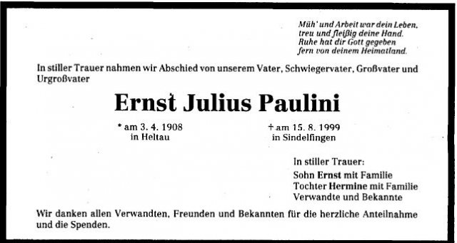 Paulini Ernst Julius 1908-1999 Todesanzeige